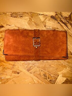 Classic Suede Belt-Closure Wallet in Cognac Brown - genuine leather